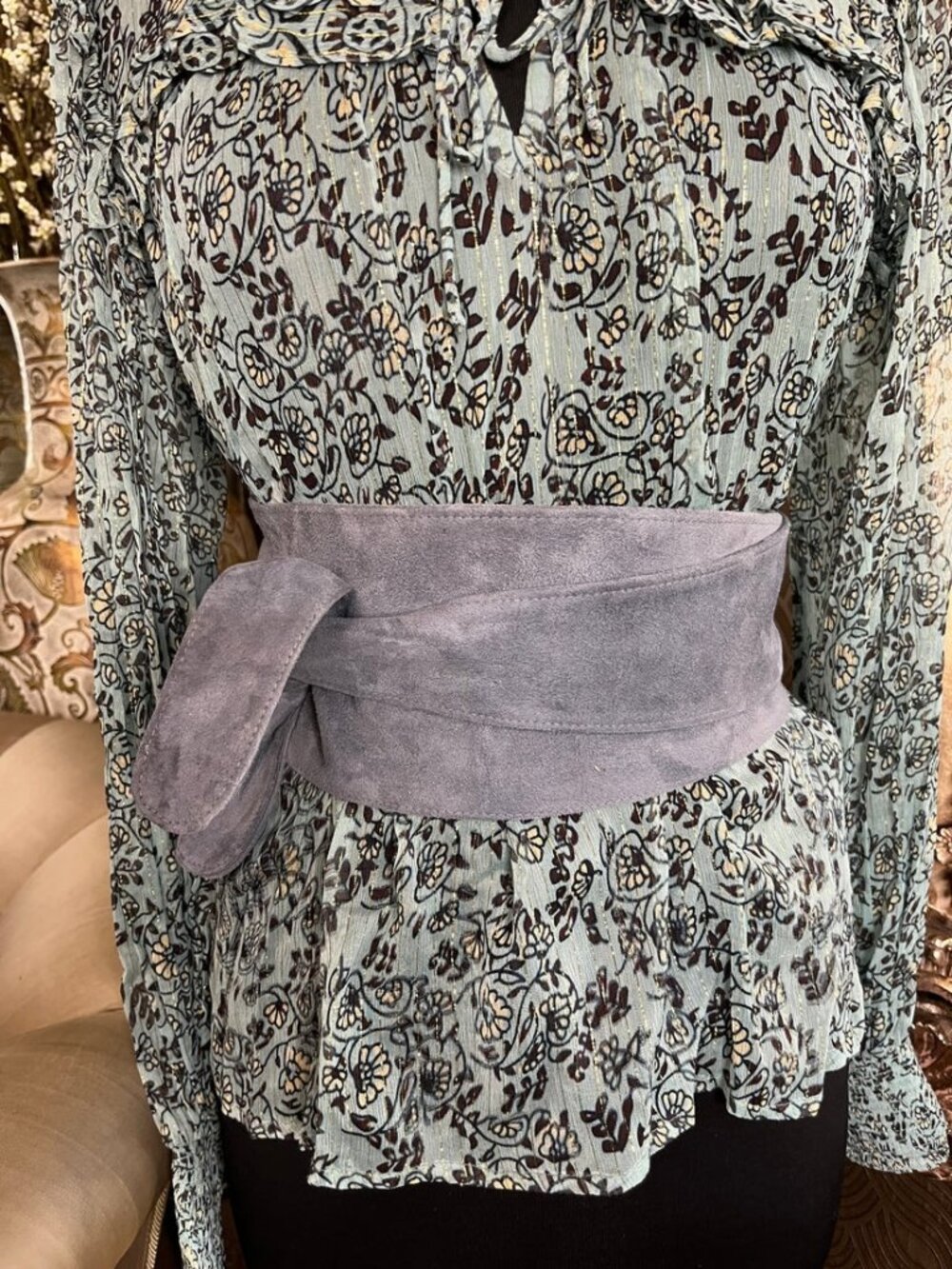 gray suede wide self-tie wrap-around boho belt